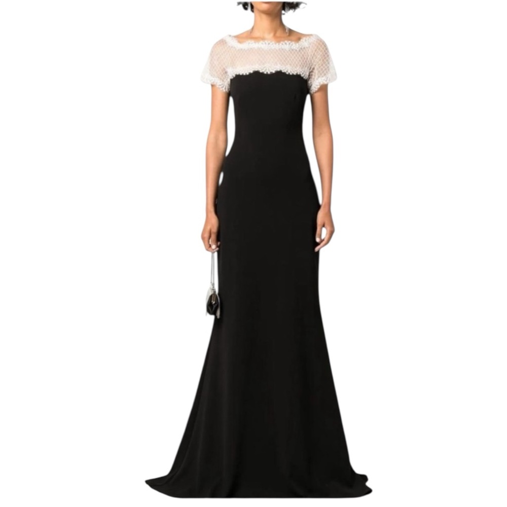 Tadashi Shoji‎ Lace & Crepe A-Line Column Gown Large Black White Formal